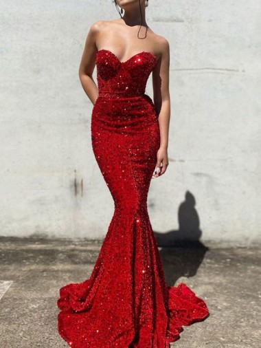 Mermaid Sweetheart Velvet Sequins Court Train Burgundy Velvet Sequin Prom Dress / Evening Dress Barrie
