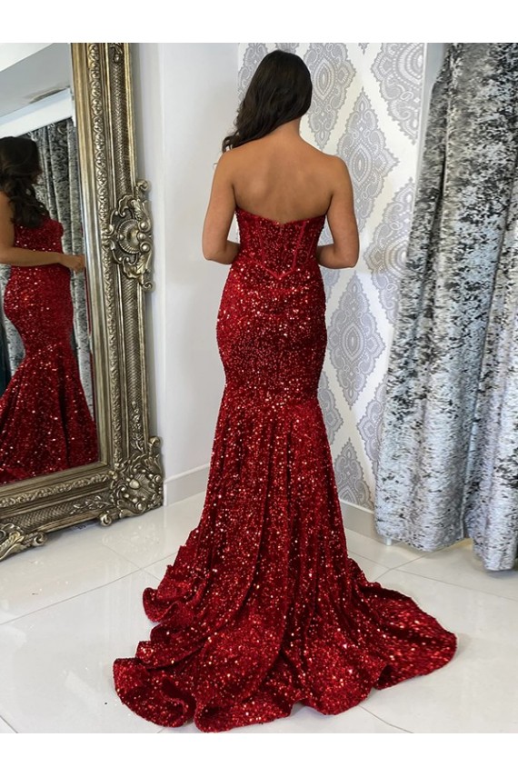 Sheath Sweetheart Velvet Sequins Court Train Burgundy Velvet Sequin Prom Dress / Evening Dress Barrie