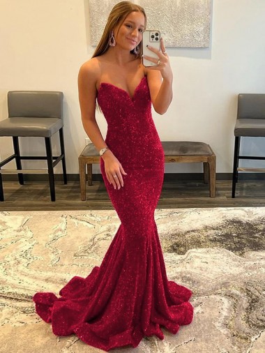 Sheath Sweetheart Velvet Sequins Sweep Train Burgundy Velvet Sequin Prom Dress / Evening Dress Barrie
