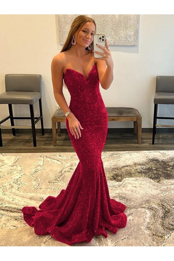 Sheath Sweetheart Velvet Sequins Sweep Train Burgundy Velvet Sequin Prom Dress / Evening Dress Barrie
