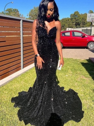 Mermaid Sweetheart Velvet Sequins Long Black Velvet Sequin Prom Dress Barrie