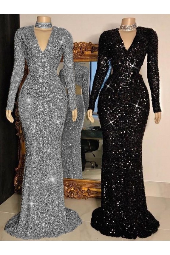 Sheath V-Neck Velvet Sequins Sweep Train Black Velvet Sequin Prom Dress Barrie