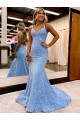 Sheath V-Neck Velvet Sequins Sweep Train Periwinkle Velvet Sequin Prom Dress / Evening Dress Barrie