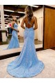 Sheath V-Neck Velvet Sequins Sweep Train Periwinkle Velvet Sequin Prom Dress / Evening Dress Barrie