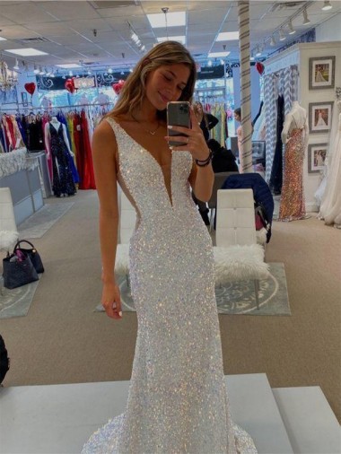 Sheath V-Neck Velvet Sequins Sweep Train Shown Color Velvet Sequin Prom Dress / Evening Dress Barrie