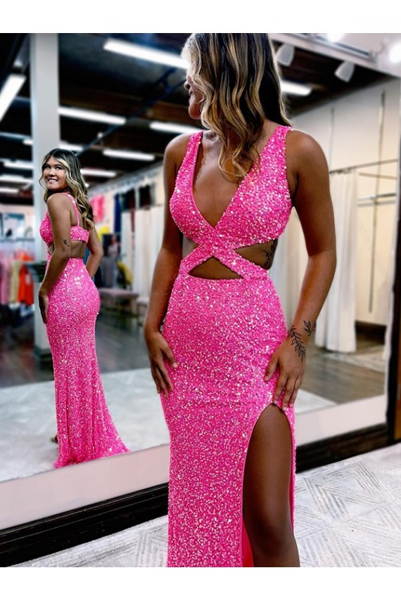 Sheath V-Neck Velvet Sequins Long Sweep Train Shown Color Velvet Sequin Evening Dress Barrie
