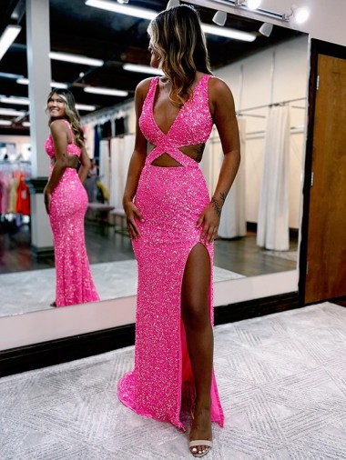 Sheath V-Neck Velvet Sequins Long Sweep Train Shown Color Velvet Sequin Evening Dress Barrie