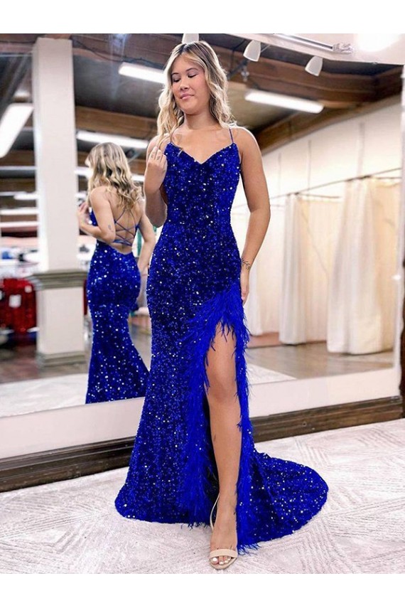 Sheath V-Neck Velvet Sequins Sweep Train Royal Blue Velvet Sequin Evening Dress Barrie
