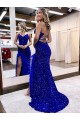 Sheath V-Neck Velvet Sequins Sweep Train Royal Blue Velvet Sequin Evening Dress Barrie
