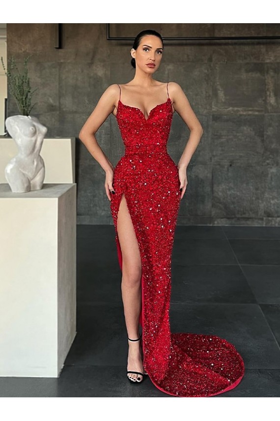 Sheath V-Neck Velvet Sequins Sweep Train Red Velvet Sequin Prom Dress / Evening Dress Barrie