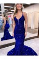 Mermaid V-Neck Velvet Sequins Court Train Royal Blue Velvet Sequin Prom Dress / Evening Dress Barrie