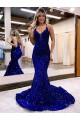 Mermaid V-Neck Velvet Sequins Court Train Royal Blue Velvet Sequin Prom Dress / Evening Dress Barrie