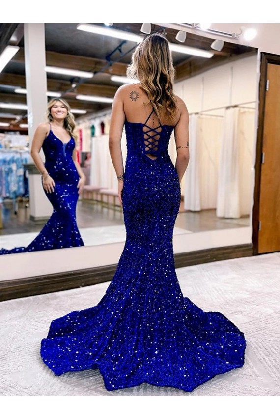 Mermaid V-Neck Velvet Sequins Court Train Royal Blue Velvet Sequin Prom Dress / Evening Dress Barrie