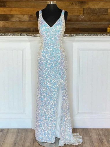 Sheath V-Neck Velvet Sequins Sweep Train Velvet Sequin Prom Dress / Evening Dress Barrie