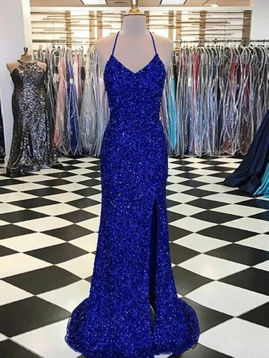 Sheath V-Neck Velvet Sequins Sweep Train Royal Blue Velvet Sequin Prom Dress / Evening Dress Barrie