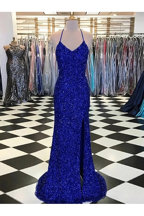 Sheath V-Neck Velvet Sequins Sweep Train Royal Blue Velvet Sequin Prom Dress / Evening Dress Barrie