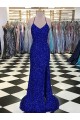 Sheath V-Neck Velvet Sequins Sweep Train Royal Blue Velvet Sequin Prom Dress / Evening Dress Barrie