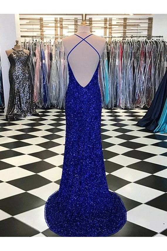 Sheath V-Neck Velvet Sequins Sweep Train Royal Blue Velvet Sequin Prom Dress / Evening Dress Barrie