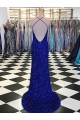 Sheath V-Neck Velvet Sequins Sweep Train Royal Blue Velvet Sequin Prom Dress / Evening Dress Barrie