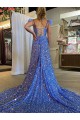 A-Line V-Neck Velvet Sequins Court Train Shown Color Velvet Sequin Prom Dress / Evening Dress Barrie