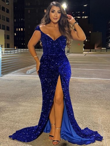 Sheath V-Neck Velvet Sequins Sweep Train Royal Blue Velvet Sequin Dress Barrie