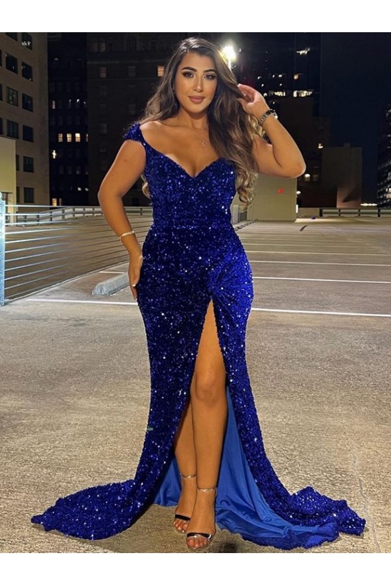 Sheath V-Neck Velvet Sequins Sweep Train Royal Blue Velvet Sequin Dress Barrie