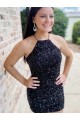 Sheath Halter Neck Velvet Sequins Short Black Velvet Sequin Prom Dress Barrie
