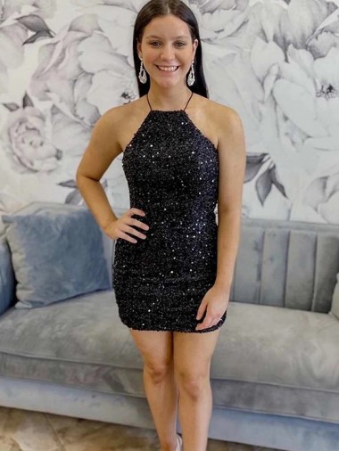 Sheath Halter Neck Velvet Sequins Short Black Velvet Sequin Prom Dress Barrie