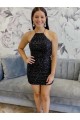 Sheath Halter Neck Velvet Sequins Short Black Velvet Sequin Prom Dress Barrie