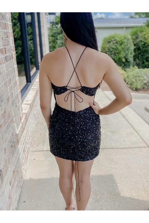 Sheath Halter Neck Velvet Sequins Short Black Velvet Sequin Prom Dress Barrie