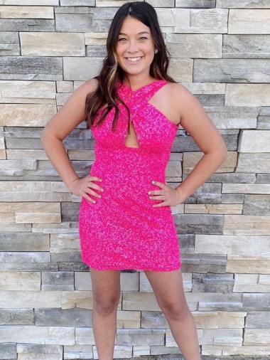 Sheath Halter Neck Velvet Sequins Short Fuchsia Velvet Sequin Prom Dress Barrie