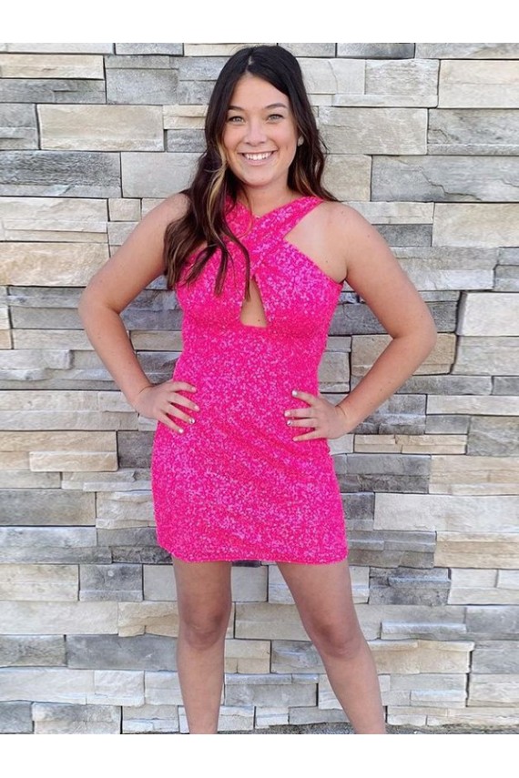 Sheath Halter Neck Velvet Sequins Short Fuchsia Velvet Sequin Prom Dress Barrie