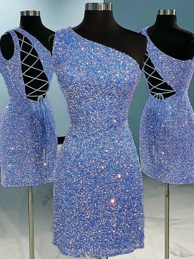 Sheath One Shoulder Velvet Sequins Short Shown Color Velvet Sequin Prom Dress Barrie