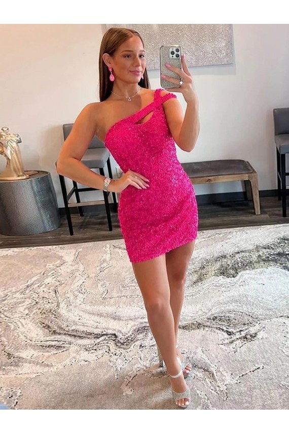 Sheath One Shoulder Velvet Sequins Short Fuchsia Velvet Sequin Prom Dress / Evening Dress Barrie