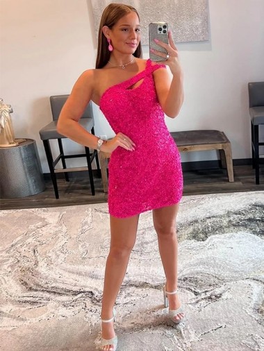 Sheath One Shoulder Velvet Sequins Short Fuchsia Velvet Sequin Prom Dress / Evening Dress Barrie
