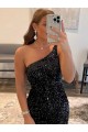 Sheath One Shoulder Velvet Sequins Short Black Velvet Sequin Prom Dress / Evening Dress Barrie