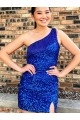 Sheath One Shoulder Velvet Sequins Short Royal Blue Velvet Sequin Prom Dress / Evening Dress Barrie