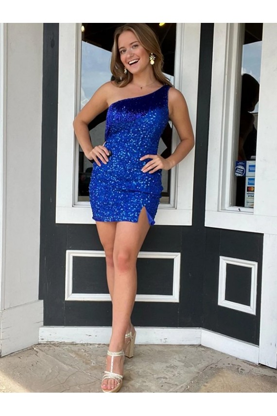 Sheath One Shoulder Velvet Sequins Short Royal Blue Velvet Sequin Prom Dress / Evening Dress Barrie