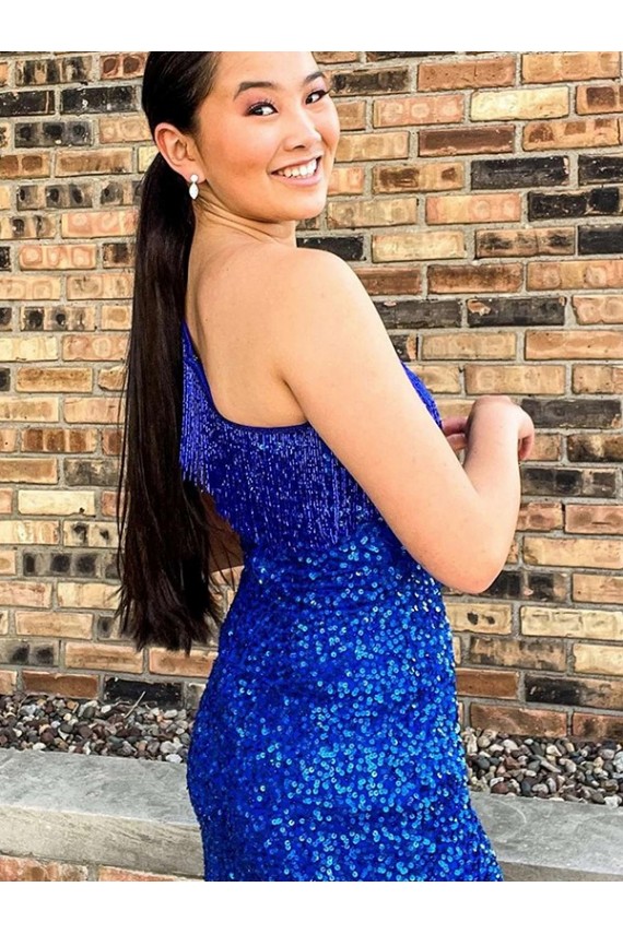 Sheath One Shoulder Velvet Sequins Short Royal Blue Velvet Sequin Prom Dress / Evening Dress Barrie