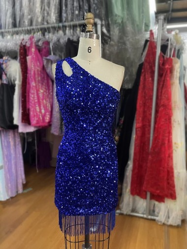 Sheath One Shoulder Velvet Sequins Short Royal Blue Velvet Sequin Prom Dress Barrie
