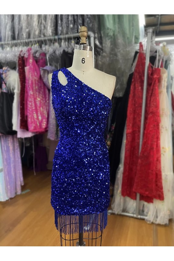 Sheath One Shoulder Velvet Sequins Short Royal Blue Velvet Sequin Prom Dress Barrie