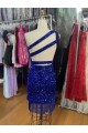 Sheath One Shoulder Velvet Sequins Short Royal Blue Velvet Sequin Prom Dress Barrie