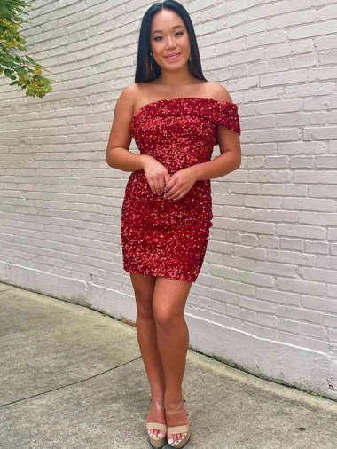 Sheath One Shoulder Velvet Sequins Short Burgundy Velvet Sequin Prom Dress / Evening Dress Barrie