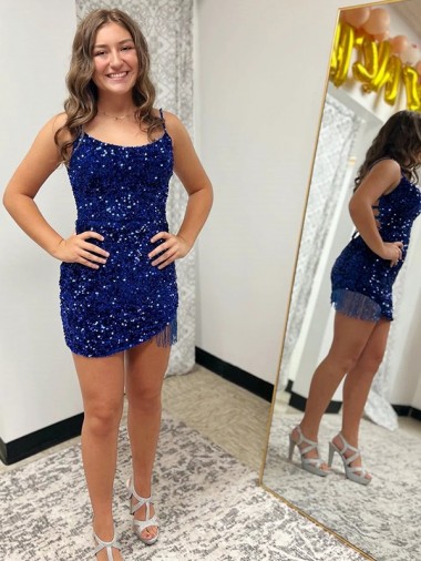 Sheath Spaghetti Straps Velvet Sequins Short Royal Blue Velvet Sequin Prom Dress Barrie