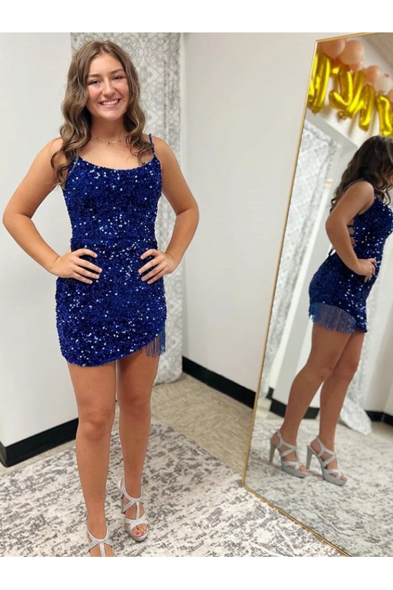 Sheath Spaghetti Straps Velvet Sequins Short Royal Blue Velvet Sequin Prom Dress Barrie
