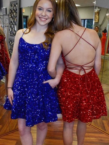 A-Line Spaghetti Straps Velvet Sequins Short Royal Blue Velvet Sequin Prom Dress Barrie