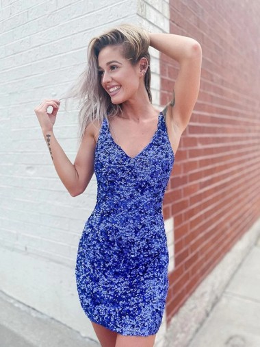 Sheath V-Neck Velvet Sequins Short Shown Color Velvet Sequin Evening Dress Barrie