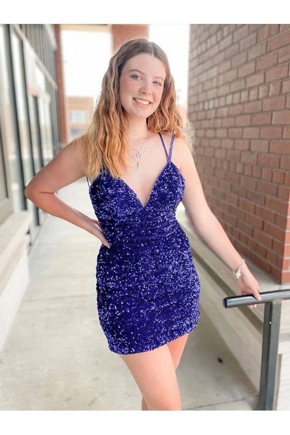 Sheath V-Neck Velvet Sequins Short Shown Color Velvet Sequin Cocktail Dress / Prom Dress Barrie