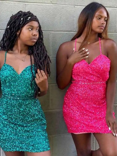 Sheath V-Neck Velvet Sequins Short Dark Green Velvet Sequin Prom Dress Barrie
