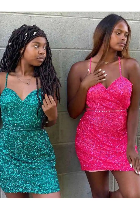 Sheath V-Neck Velvet Sequins Short Dark Green Velvet Sequin Prom Dress Barrie